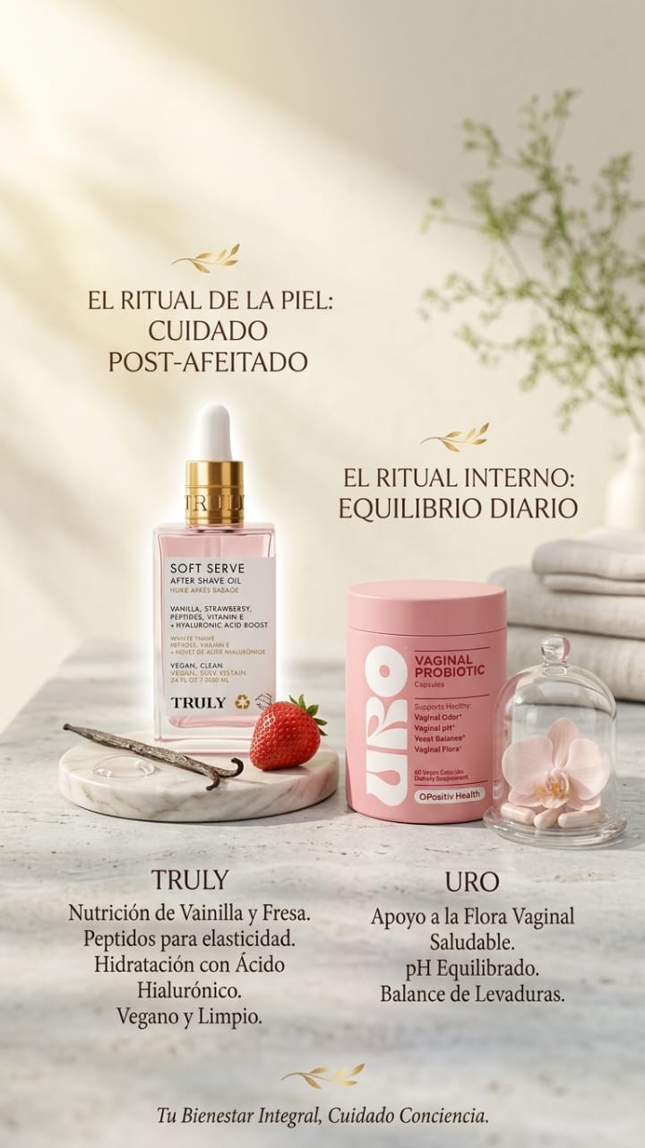 URO - Probiótico Íntimo Femenino para el Equilibrio del pH, Flora y Control de Olor, con TRULY hidrata y suaviza la piel sensible tras el depilado o afeitado